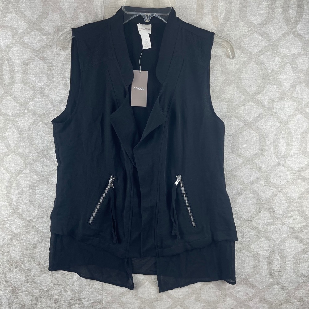 Chico's Layered Solid V Women 0 Small Black NWT Draped Zipper Pocket Vest